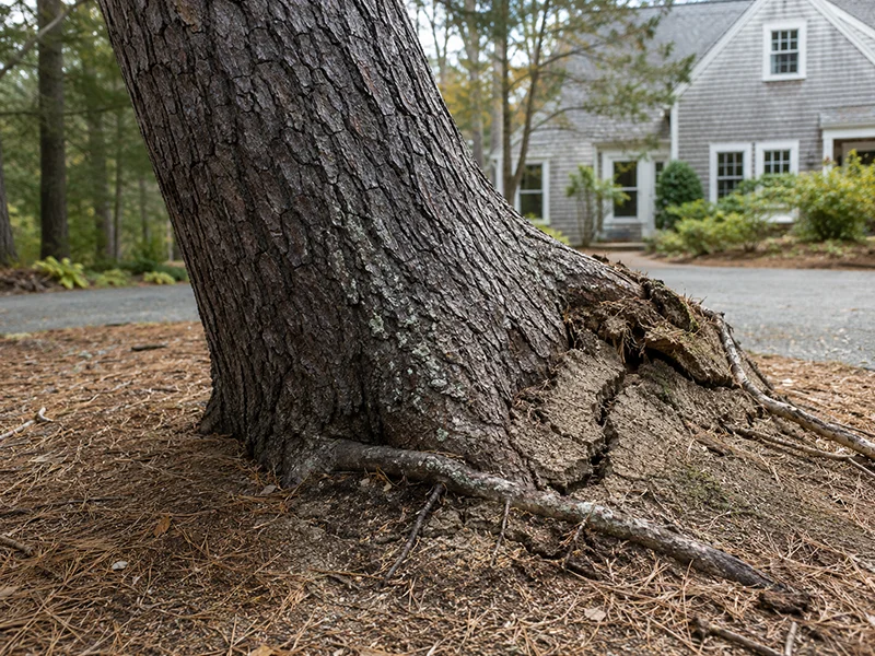 Dead pitch pine standing over a house, the crown already shed