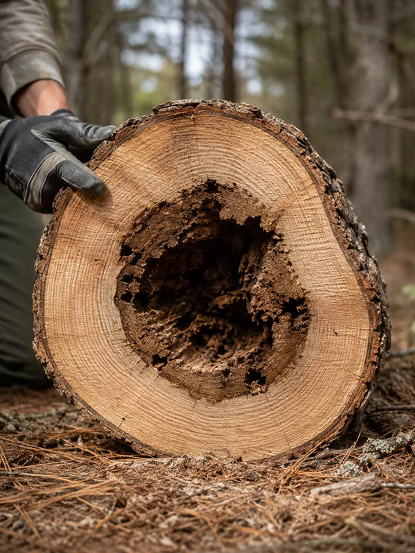 Cut section through a pitch pine trunk showing rotten heartwood at the centre