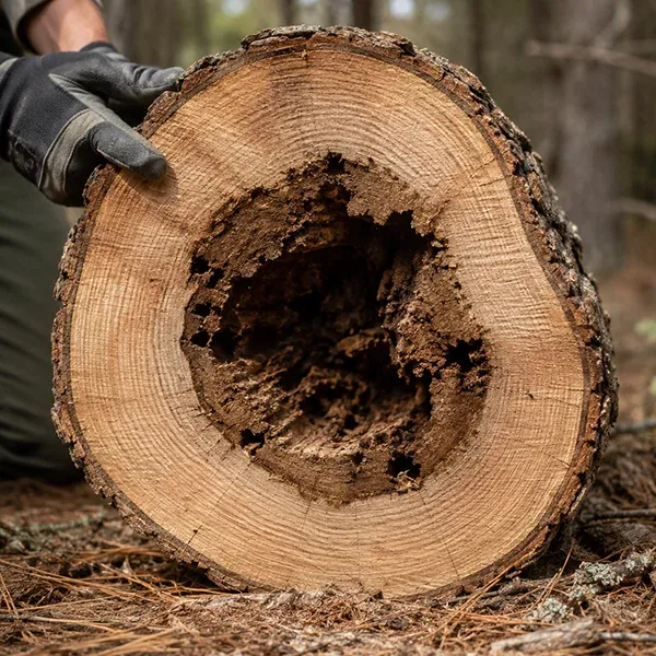 Cut pitch pine trunk showing rotten heartwood hidden inside a healthy shell