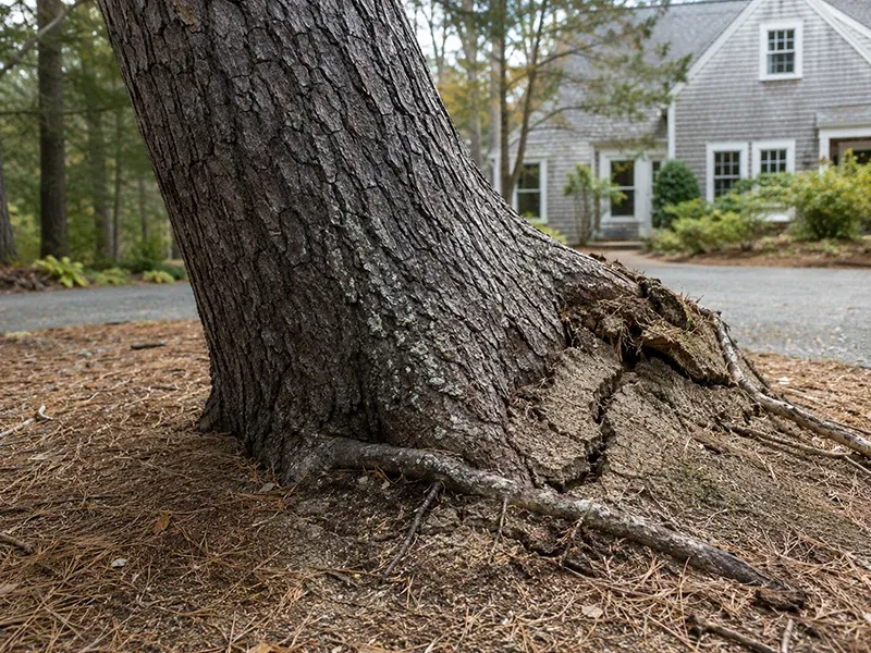 Dead pitch pine with a bare crown standing over a Vineyard house